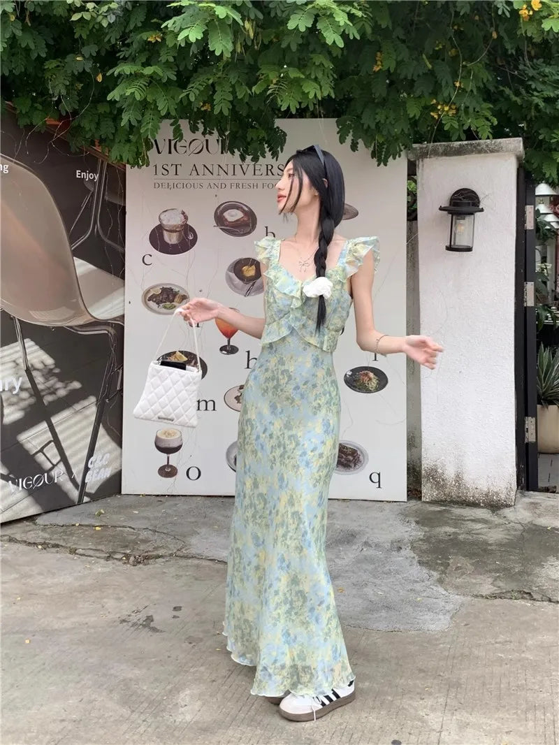 LIZAKOSHT  -  Women's French Style Floral Spaghetti Strap Maxi Dress Beach Vacation Dress