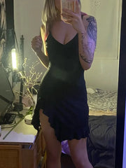 LIZAKOSHT  -  Aesthetic Y2k Sexy Black Dress Women Dark Gothic Streetwear Spaghetti Strap Lace Patchwork Irregular Hem Dress Female