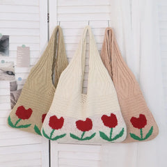 LIZAKOSHT  -  Floral Knitted Hollow out Yarn Single Shoulder Bag Vintage Style round Cylinder Soft Polyester Fiber Beach Travel Handbag