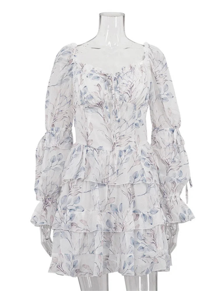 LIZAKOSHT  -  Ruffled Printed Lace-Up Mini Dress Female Square Collar Patchwork Elegant Contrast Party Dress Clothes Women Bodycon Dress