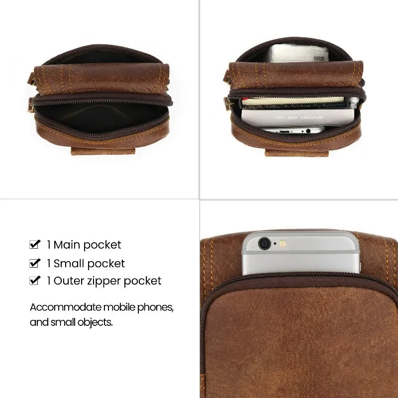 LIZAKOSHT  -  Vintage Genuine Leather Cowhide Waist Packs Men Multi Pockets Purse Zipper Belt Pouch for Outdoor Hanging Phone Bags