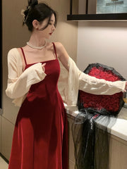 LIZAKOSHT  -  Summer New French Elegant Strap Birthday Party Prom Midi  Velvet Dress For Women Sleeveles  Female One Piece Clothes