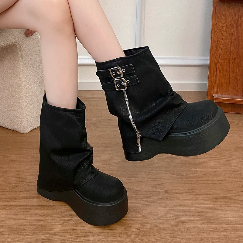 LIZAKOSHT  -  Autumn Winter Chunky Thick Sole Women Pipe Ankle Boots Designer Belt Buckle Platform Heel Shoes Modern Short Botas Para Mujer