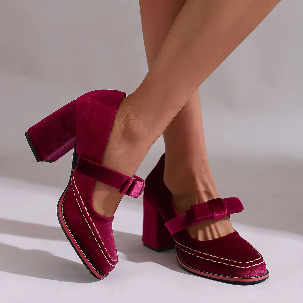 LIZAKOSHT  -  Plus Size 33-48 Retro Burgundy Elegant Office Lady Mary Janes Pumps Vintage Green Square High Heels Shoes with Bow Tie