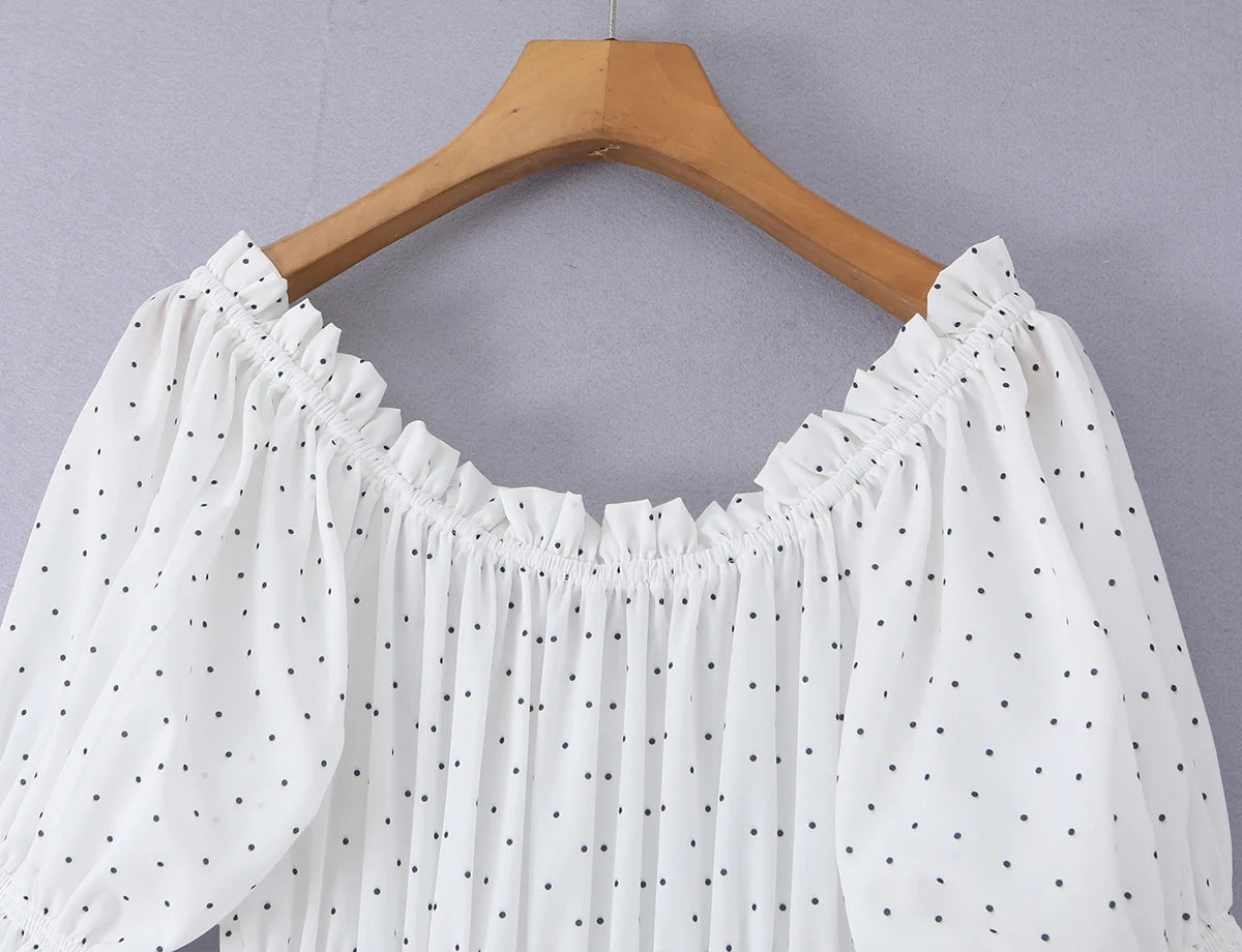 LIZAKOSHT  -  Dot Print Wood ears Ruched Chest Bow U collar Puff Sleeve Dress Elastic High Waist Pleated Swing Midi Dresses Holiday Robe