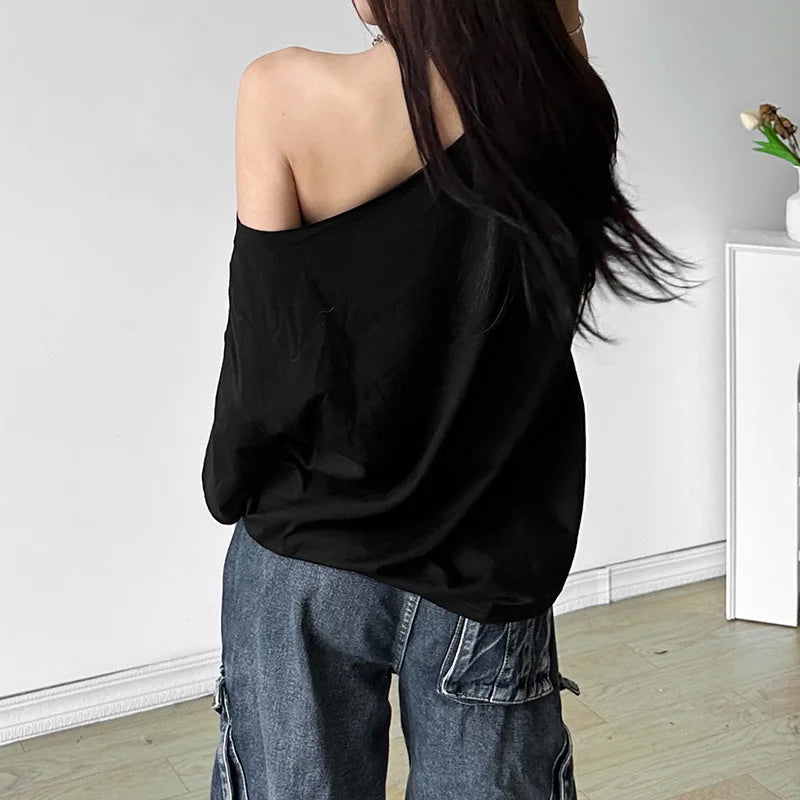 LIZAKOSHT  -  Letter Print Graphic T Shirts White Oversized One Shoulder Tops Womens Summer Fashion Clothing Trends 2025