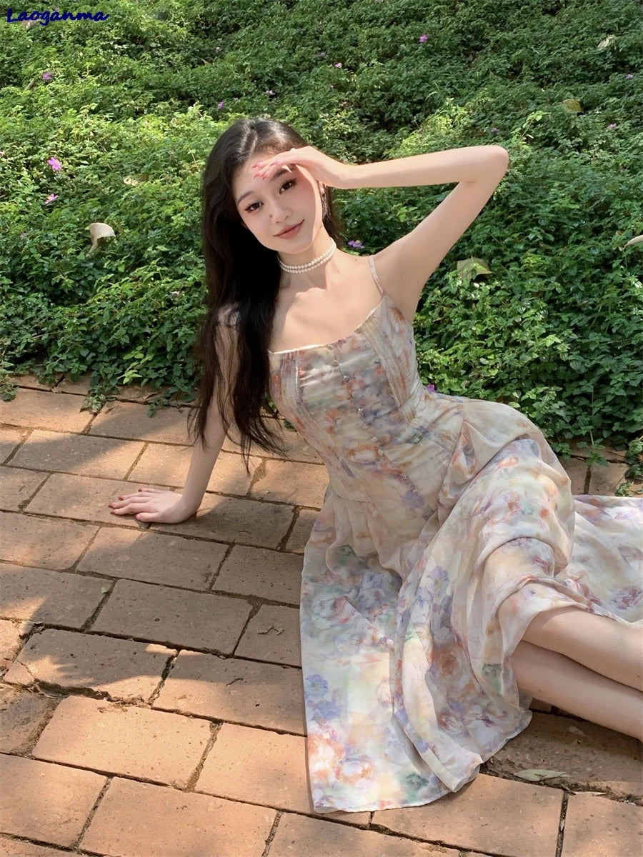 LIZAKOSHT  -  French Style Fairy Romantic Floral Printed Camisole Dress Ladies New Casual Beach Holiday Dresses Summer Midi Women Robe