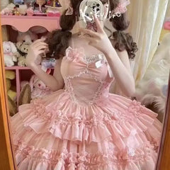 LIZAKOSHT  -  Japan Lolita Niche Sweet Pure Desire Wind Original Design Dress Solid Color Patchwork Lace Princess Sling Jk Sleeveless Slip