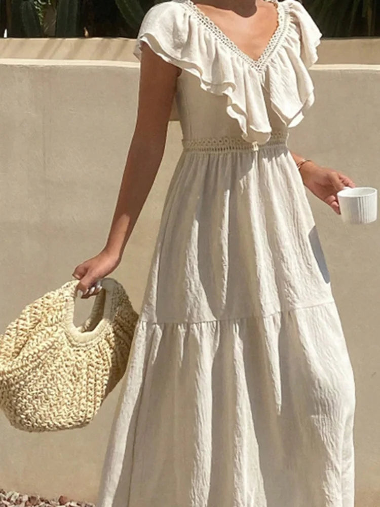 LIZAKOSHT  -  Fashion Double V-neck Solid Color Dress Elegant High Waist Hollow Out Party Dress Summer New Bohemian Style Beach Vacation Dress
