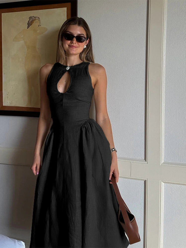 LIZAKOSHT  -  Elegant Solid Hollow Out Women Midi Dress Fashion Slim O-neck Sleeveless A-line Dresses 2024 Summer Office Lady Commuting Robes