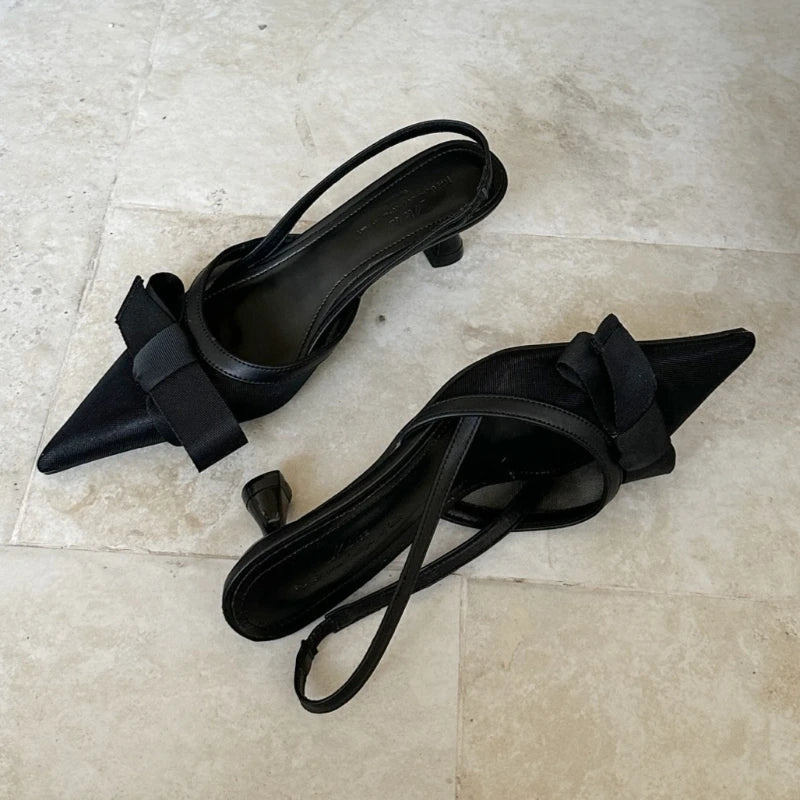 LIZAKOSHT  -  Satin Luxury High Heels Women Bow Pointed Toe Pumps Brand Slingbacks Banquet Party Shoes Designer Women Sandals Summer