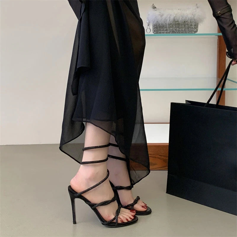 LIZAKOSHT  -  Summer Luxury Rhinestones Snake Coiled Ankle Strap Stiletto Heeled Women Gladiator Sandals Party Banquet Prom Shoes
