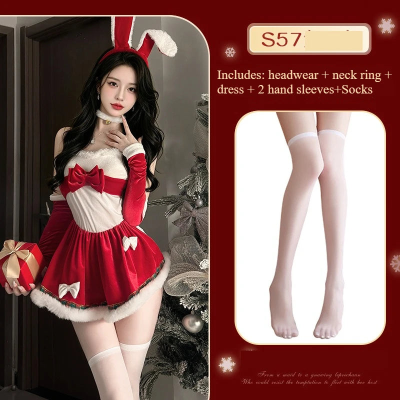  LIZAKOSHT  -  Women Christmas Bunny Costume Off Shoulder Mini Dress Set Cute Rabbit Ear Headband Neck Cuff Long Sleeve Gloves Party Outfit