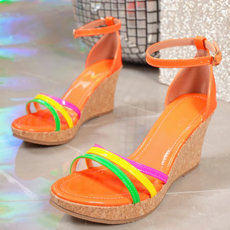 LIZAKOSHT  -  Womens Narrow Strap Mixed Color Ankle Strap Platform wedges Sandals Sexy Pointed Toe Open Toe Hollow Party Heels Shoes Pumps