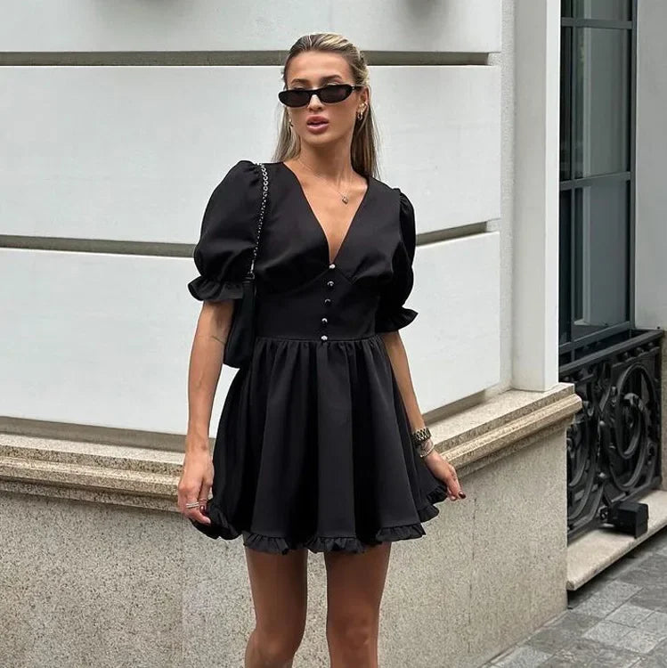 LIZAKOSHT  -  Summer Black V-Neck Mini Dress For Women Ruffled High Waist Slim Commute Elegant Party Dress Female Solid Bodycon Dress