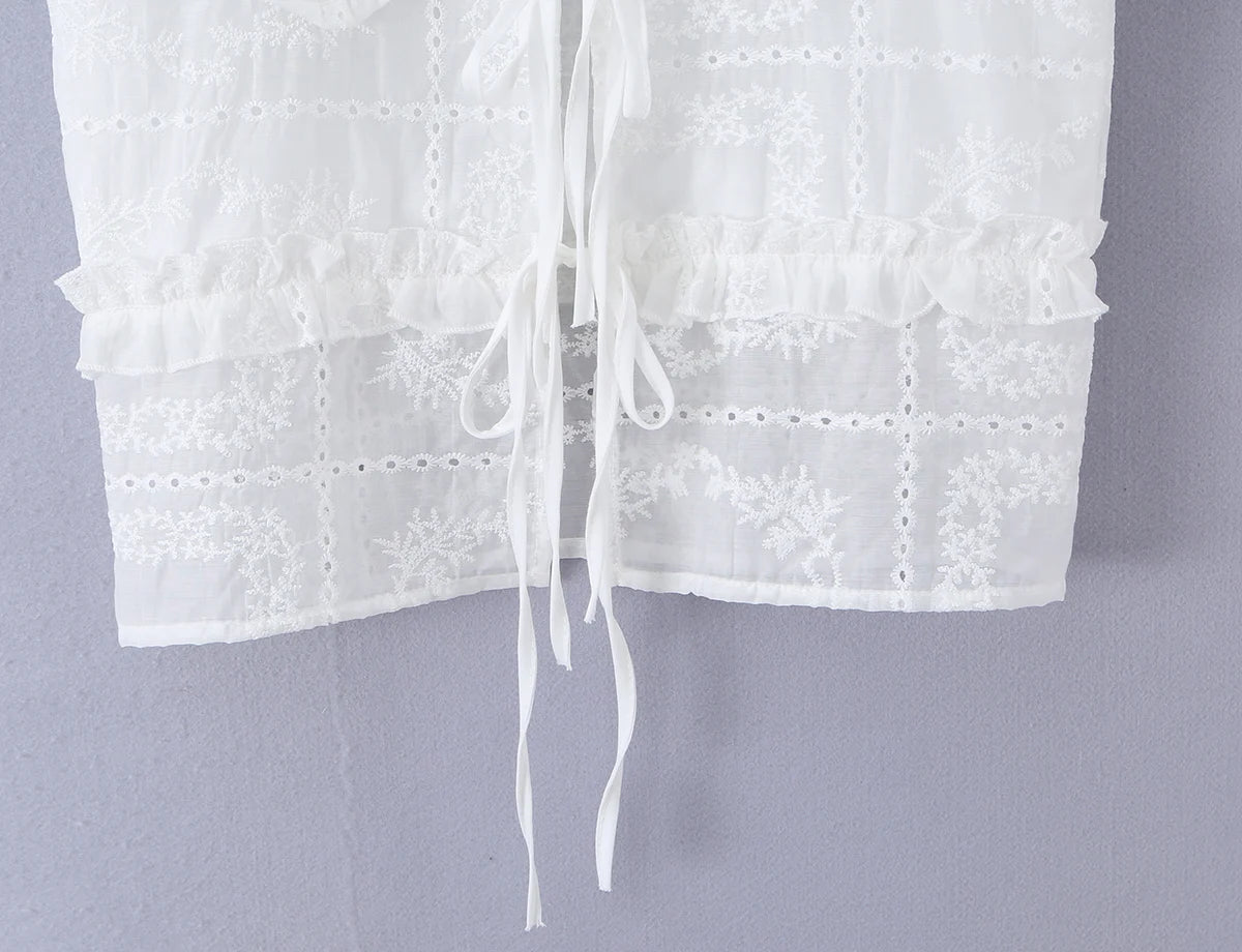LIZAKOSHT  -  Sweet White Embroidery Hollow out Flower Lace Short Puff Sleeve Shirt Women Peter Pan Collar Lacing Up Tie Bow Front Crop Tops