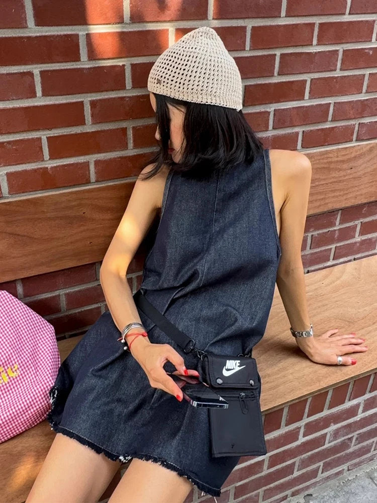 LIZAKOSHT  -  Casual Denim Vest Dress Women Korean Chic O Neck Lace Up Sleeveless Loose A-line Short Dresses Summer Fashion Vestidos