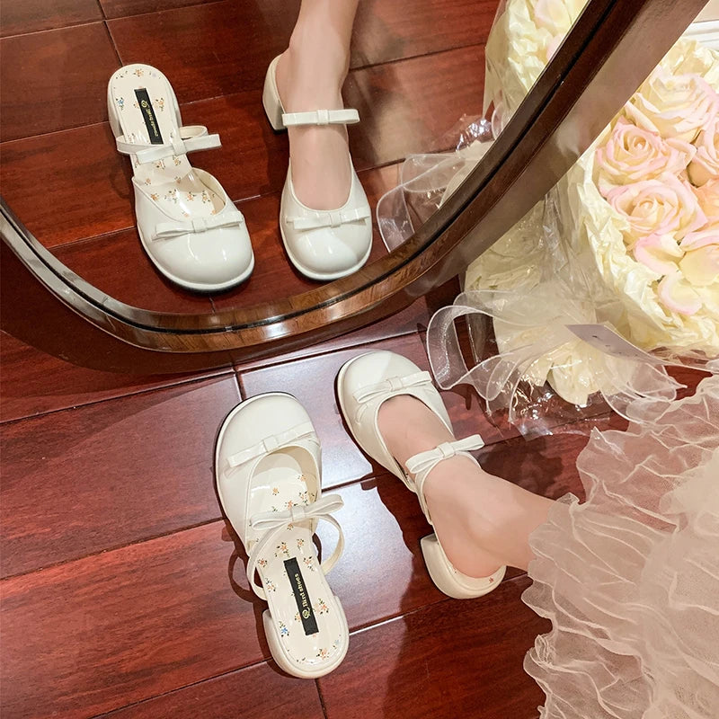 LIZAKOSHT  -  Summer Butterfly-knot Cover Toe Women Slippers Elegant Thick Heel Dress Slides Ladies Concise Slingback Dress Sandals Mule Shoes