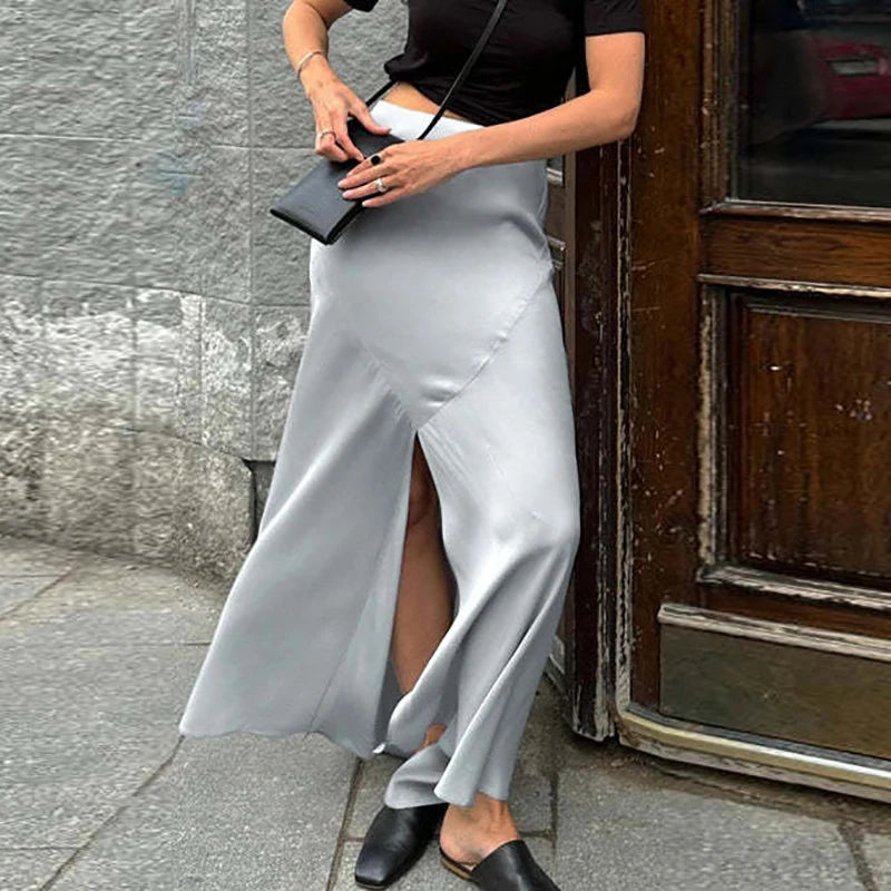 LIZAKOSHT  -  New Solid Color High Split Wrap Hip Skirts Elegant Slim Mermaid Half Skirts Fashion Temperament Commute Satin Long Skirts Women