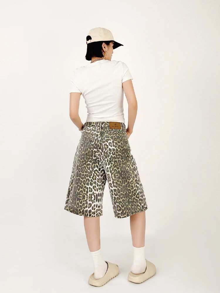 LIZAKOSHT  -  New Summer American Retro Leopard Pattern Jeans Women's Shorts Loose Versatile Straight Leg Denim Pants