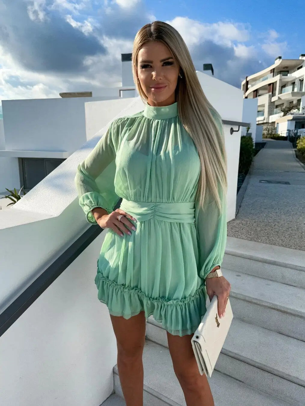 LIZAKOSHT  -  Sweet Casual Vaion Dr Women's Stand Collar Chiffon A-Line Skirt Ele Folded High Waist Spring Summer Long Sve