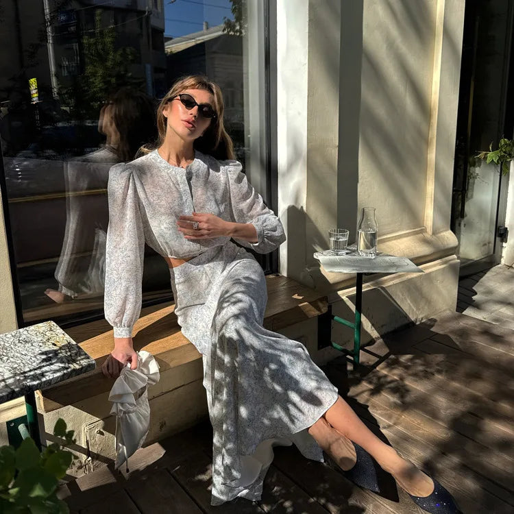 LIZAKOSHT  -  Commute Printed Female 2 Piece-Set Long Skirt Patchwork High Waist Short Top And Slim Maxi Skirt Sets New Women's Outfits