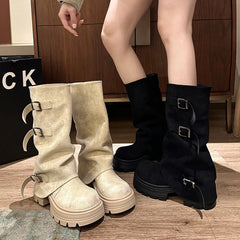 LIZAKOSHT  -  Winter Fashion Platform Thick Heel Woman Knight Boots Fashion Belt Buckle Slip On Mid Calf Booties