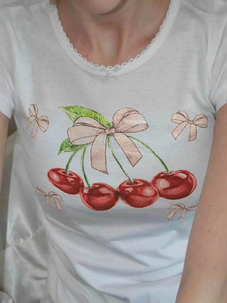 LIZAKOSHT  -  Y2k Aesthetic Vintage Summer Cherry Print Tees Slim Streetwear Lace Bow Tshirts Women Harajuku Grunge Bottoming Sweet Crop Tops
