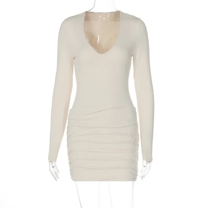 LIZAKOSHT  -  Basic Ruched Bodycon Mini Dress Women Solid Sexy V Neck Long Sleeve Peach Hips Slim Party Clubwear Autumn Casual Streetwear