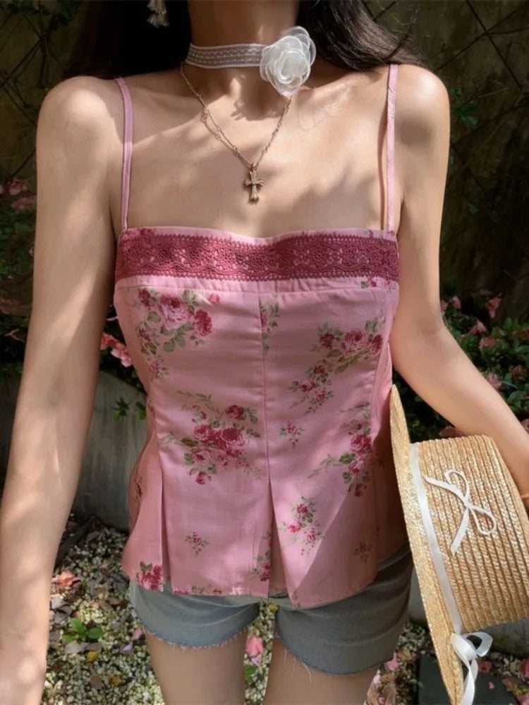 LIZAKOSHT  -  Y2k Pink Floral Print Crop Top Women Lace Patchwork Slim Fit Backless Camis Summer Edgy Clothes for Sexy Girl Streetwear