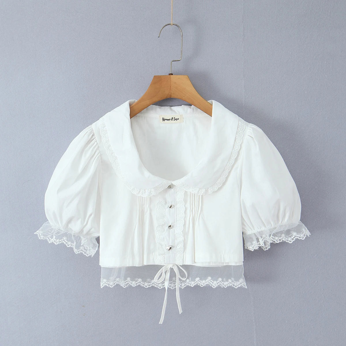 LIZAKOSHT  -  Stylish White Spliced Lace Short Puff Sleeve Shirt Women Peter Pan Collar Bow Hem Loose Crop Tops