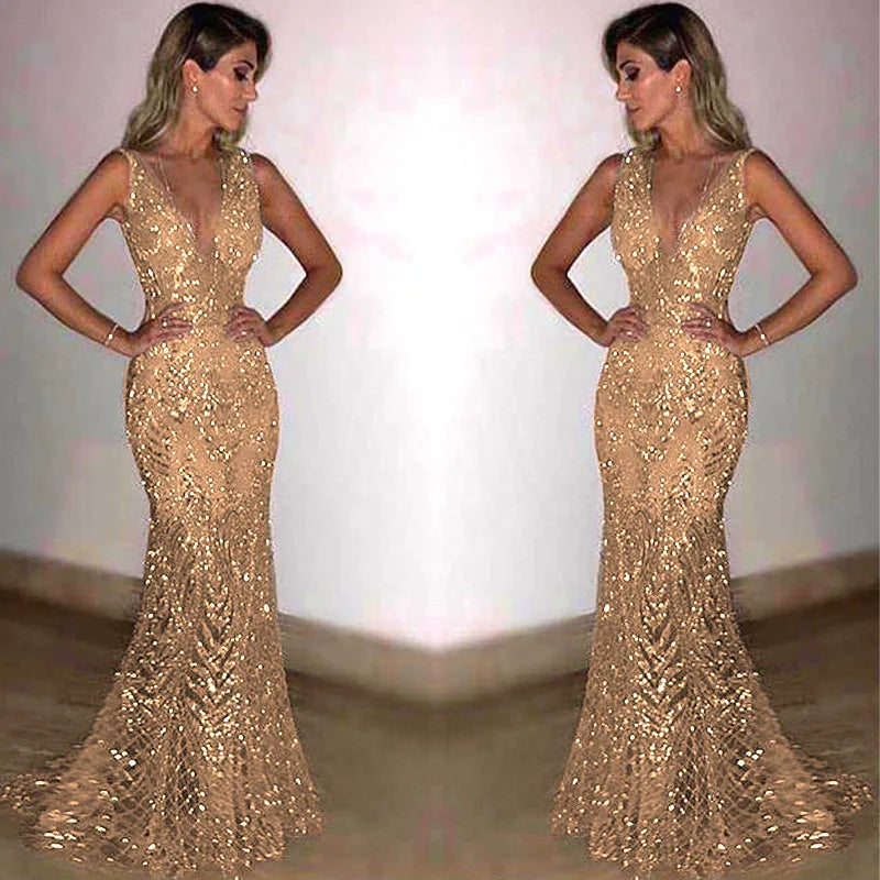 LIZAKOSHT  -  Deep V Gold Sequin Dress Sleeveless Hollow Out Halter Lace Party Gown Sexy Backless Waist Cinched Slim Fit Fishtail Long Dresses