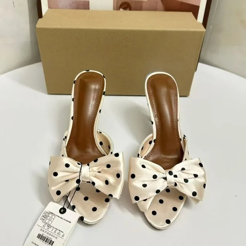 LIZAKOSHT  -  Summer New Women's Polka Dot Bow Satin Mules - Stiletto High Heel Open Toe Fashion Slippers for Party Evening Dress Shoes