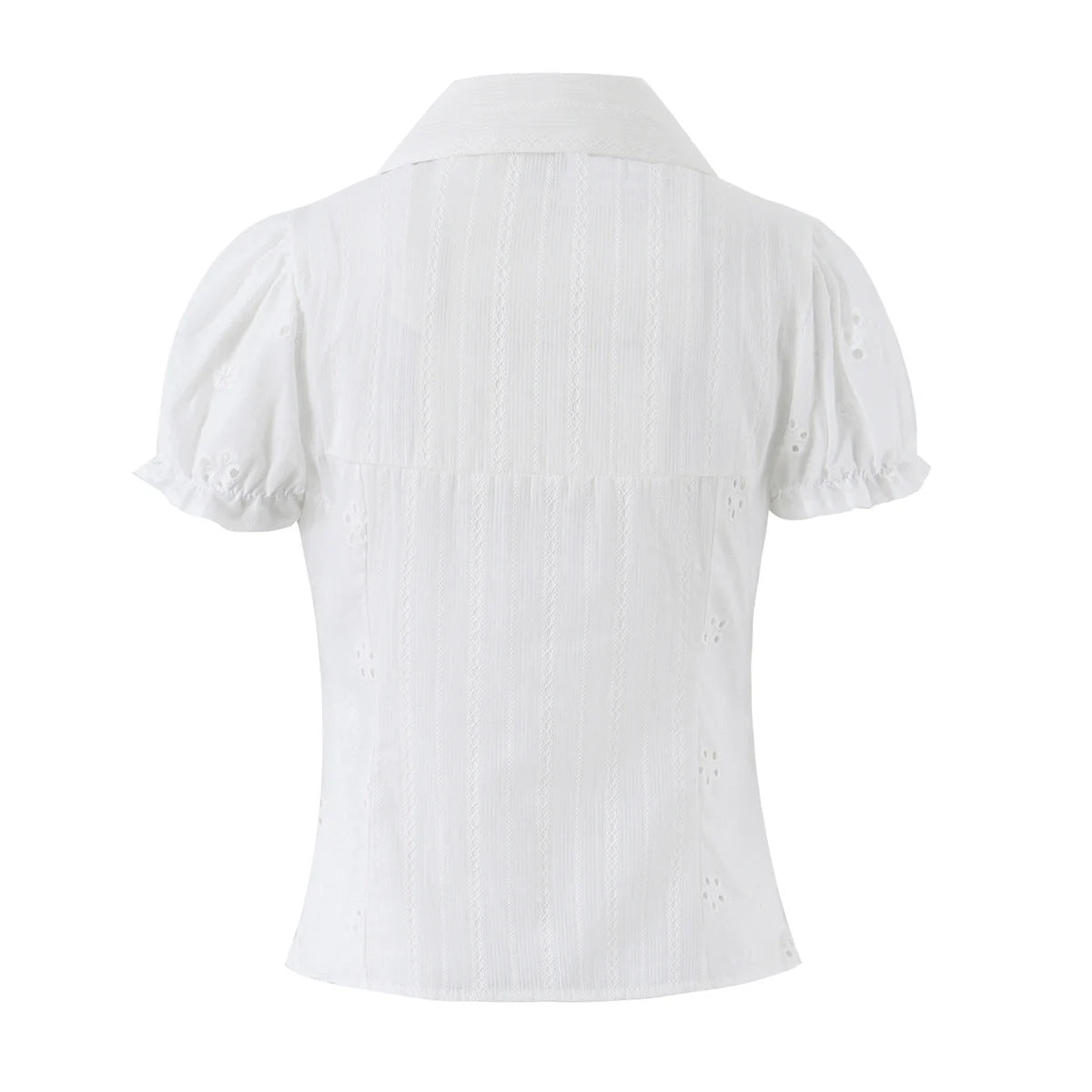 LIZAKOSHT  -  CHIC White Embroidery Flower Hole Lapel V Collar Short Puff Sleeve Shirt Women Bow Lacing Up Front Side Zipper Blouse Crop Tops
