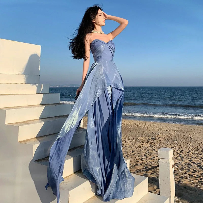 LIZAKOSHT -  Blue Strapless Dresses for Women New French Elegant Slim Evening Party Long Dress Irregular Bottom Beach Wear Outifits