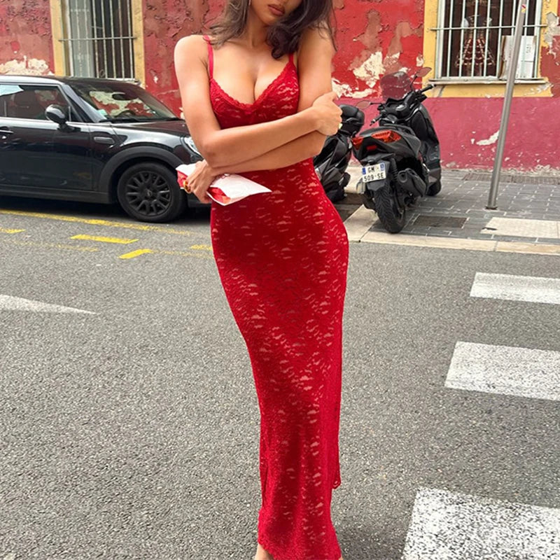 LIZAKOSHT  -  Vintage Red Floral Lace Double Layer Spaghetti Strap V Neck Bodycon Slimming Maxi Dress Festival Party Night Date Gowns Outfits