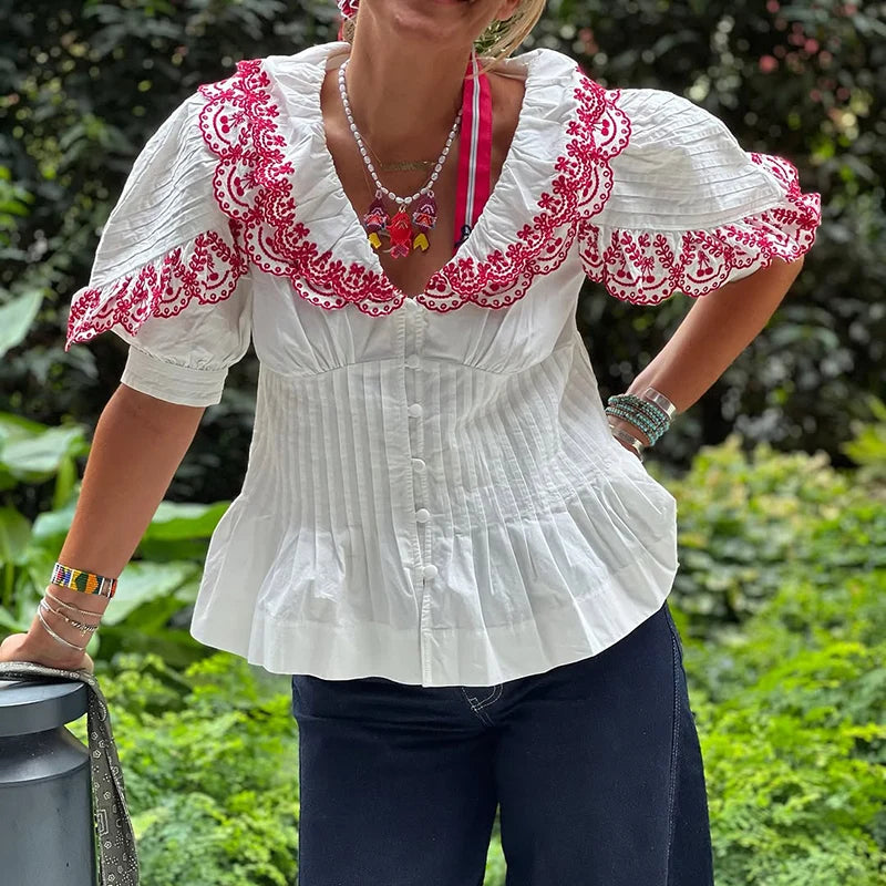 LIZAKOSHT  -  Women Pants Set Embroidered 2-Piece Set Doll Collar Shirt Puff Sleeve Top Ruffle Hem Shorts Mini Trousers Casual Vacation Outfit