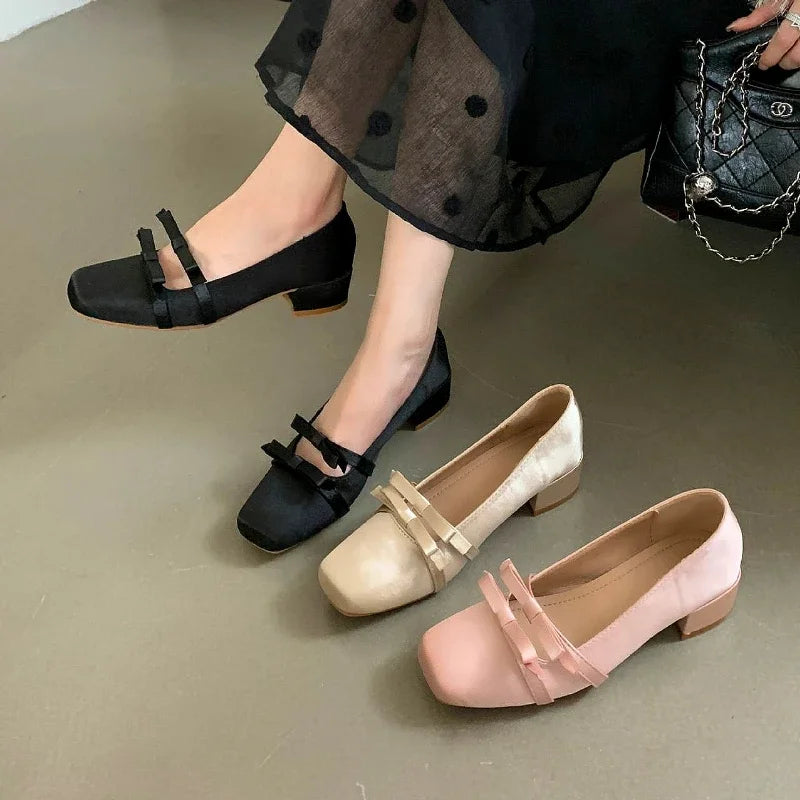 LIZAKOSHT  -  Satin Bow Fashion Mary Jane Shoes Women Sweet Shallow Chunky Dress Shoes Female Comfort Elegant Low Heel Square Toe Pumps Women