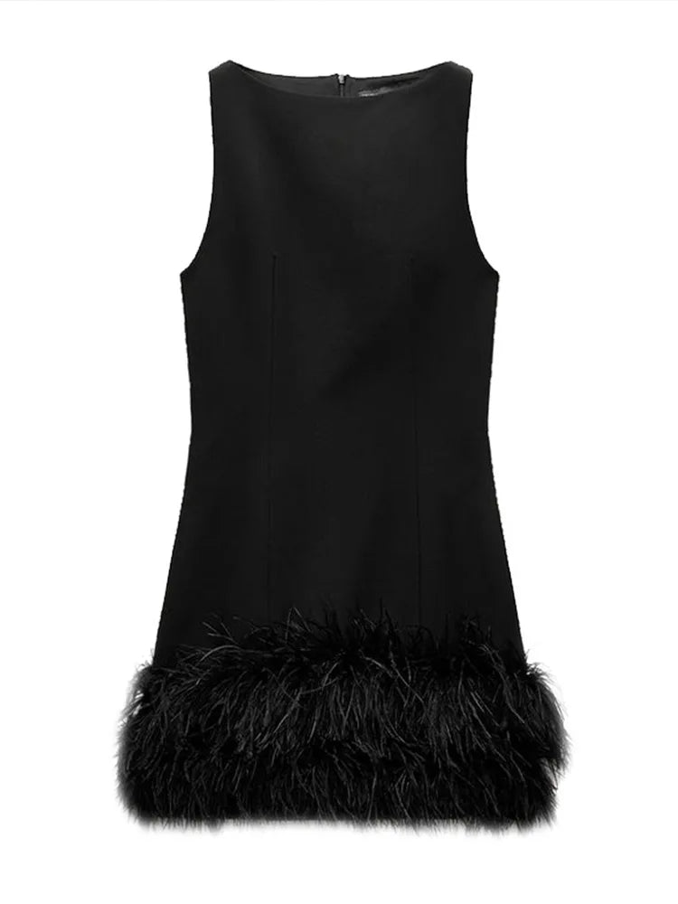 LIZAKOSHT  -  Sleeveless Feather Short Dress Black Women Socialite Party Evening Gown Round Neck Slim Fit Plush Ladies Fashion Slimming Dress