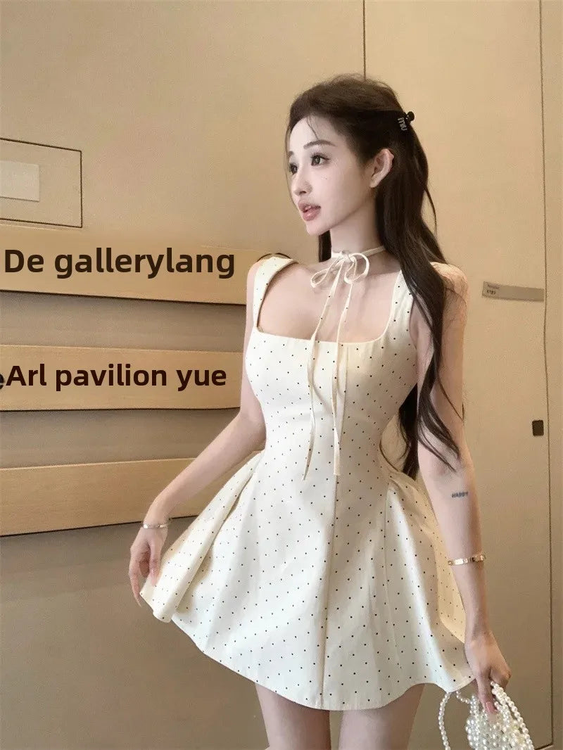 LIZAKOSHT  -  Original High Quality French Polka Dot Strap Dress Women's Summer Sexy Slimming Short Skirt Mini Dress Square Collar Sleeveless