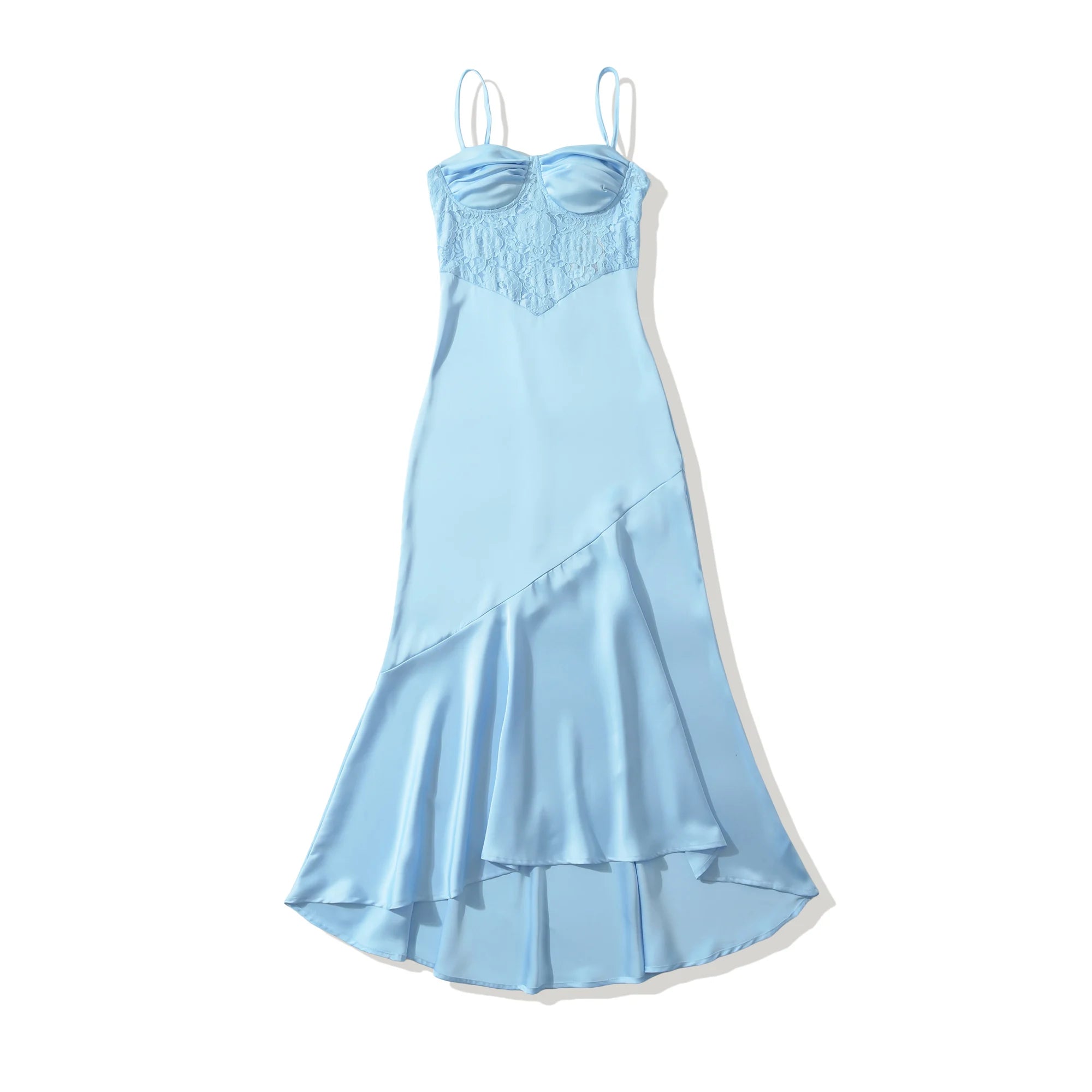 LIZAKOSHT  -  Fashion Light Blue Satin Ruched Bra Spliced Lace Sling Dress Women Hollow Out Slim Waist Midi Long Asymmetry Dresses Femme Robe