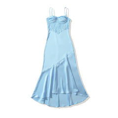 LIZAKOSHT  -  Fashion Light Blue Satin Ruched Bra Spliced Lace Sling Dress Women Hollow Out Slim Waist Midi Long Asymmetry Dresses Femme Robe