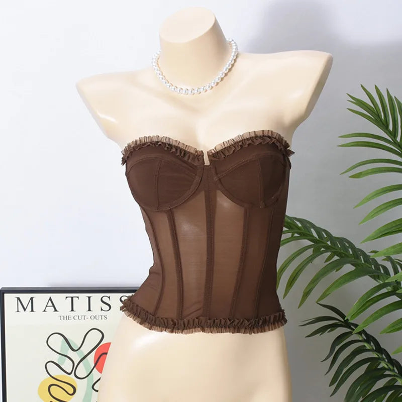 LIZAKOSHT -  Shapewear Strapless Top Women With Elastic Sexy Mesh Double Layered Back Straps Pleated Edges Slim Fit Simple Elegant In Summer