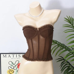 LIZAKOSHT -  Shapewear Strapless Top Women With Elastic Sexy Mesh Double Layered Back Straps Pleated Edges Slim Fit Simple Elegant In Summer