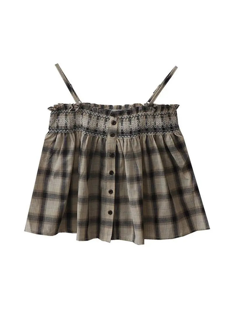 LIZAKOSHT  -  Sweet Girl French Retro Style Fungus-edged One-shoulder Camisole Women's Summer Single-breasted Plaid Loose Slim Small Sling