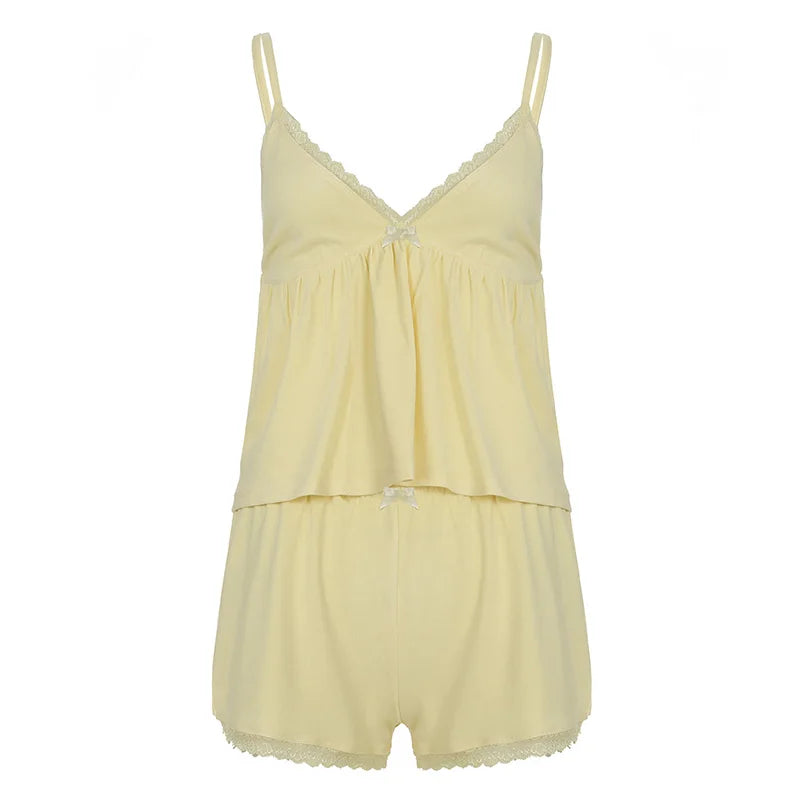 LIZAKOSHT  -  Lace Patchwork Solid Backless Two-piece Set Sleeveless Halter Vacation Sexy Sweet Suit Deep V-neck Summer Twinset