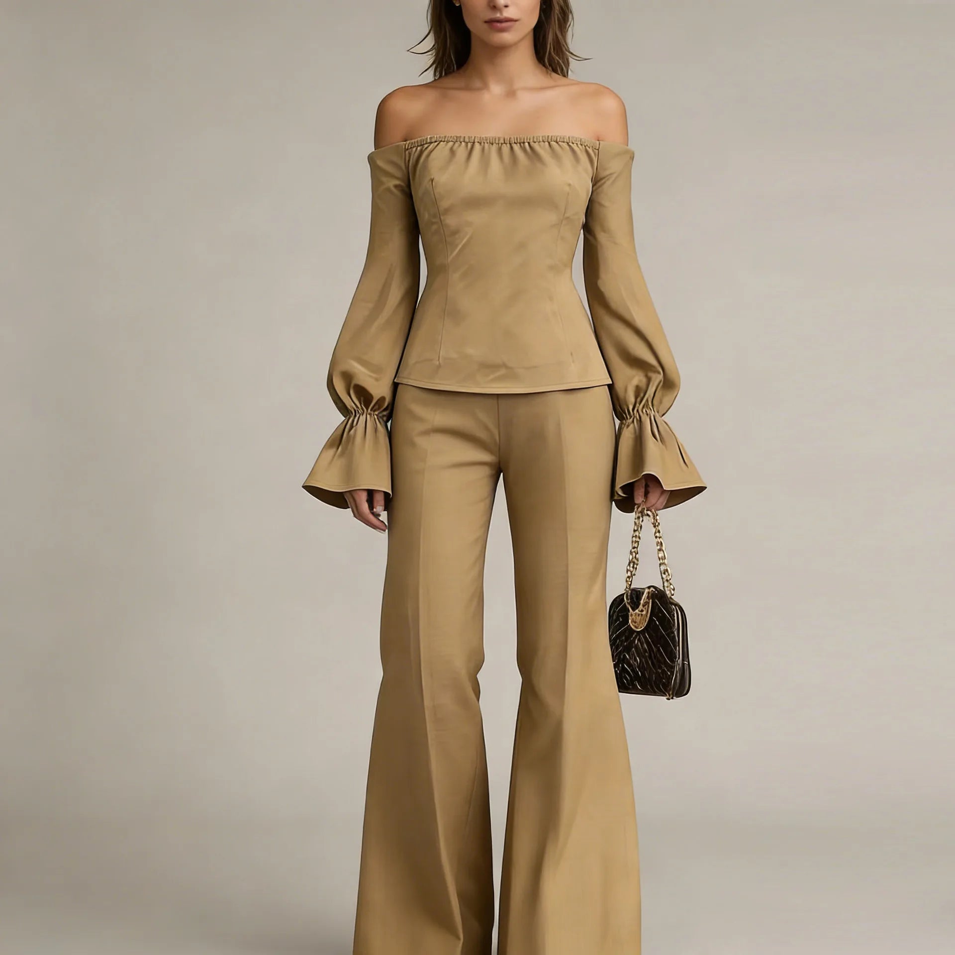 LIZAKOSHT  -  2026 New Bubble Sleeve Temperament Off-the-shoulder One-word Collar Fashion Women's Top Wide-leg Pants Two-piece Set