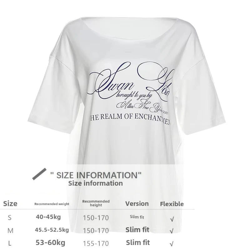 LIZAKOSHT  -  Letter Print Graphic T Shirts White Oversized One Shoulder Tops Womens Summer Fashion Clothing Trends 2025