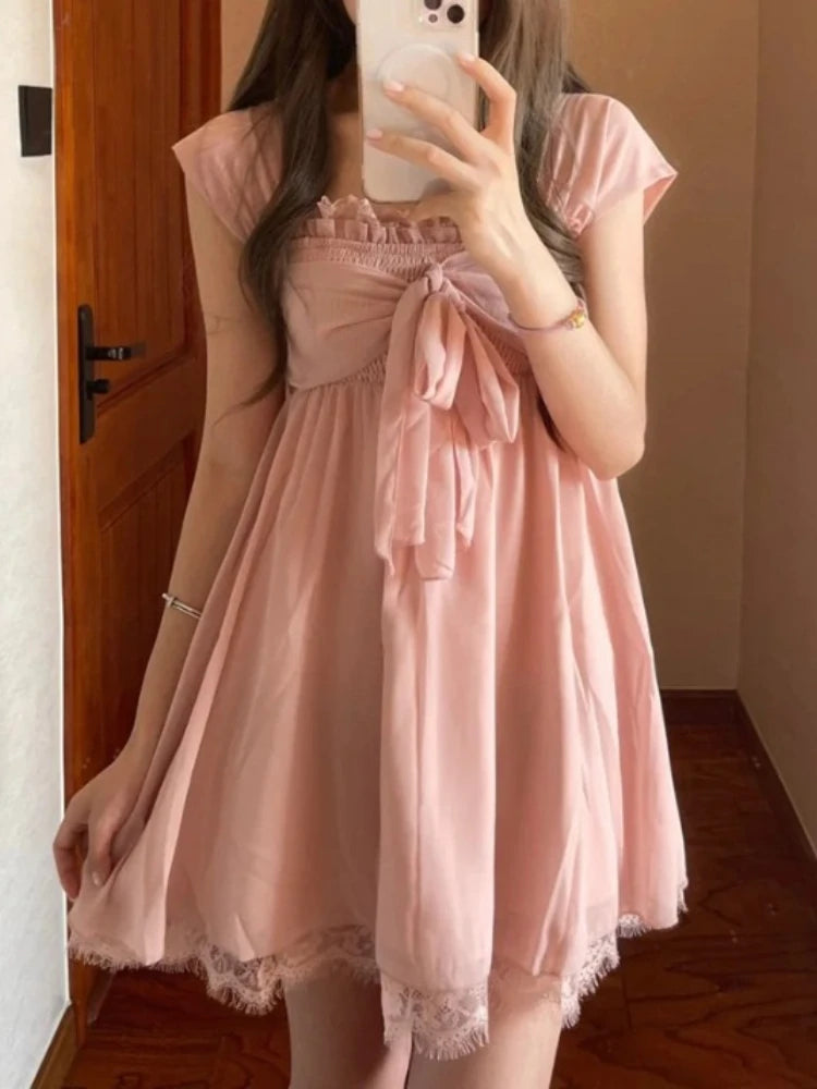  LIZAKOSHT  -  Sweet Lolita Kawaii Mini Dress Women Bowknot Off Shoulder Ruffle Lace Trim Loose Fit Princess Daily Kawaii Japanese Fashion