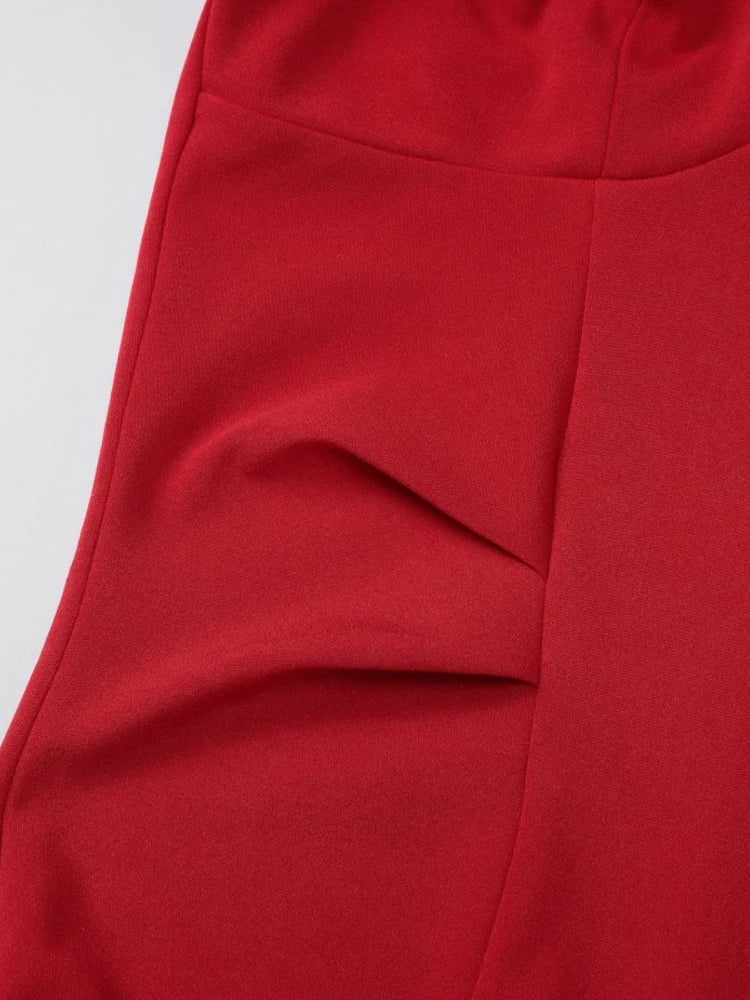 LIZAKOSHT  -  Women Sexy Halter Neck Sleeveless Solid Red Dress Lady Elegant Backless High Waist Ruched Tunics Slim Party Club Dresses